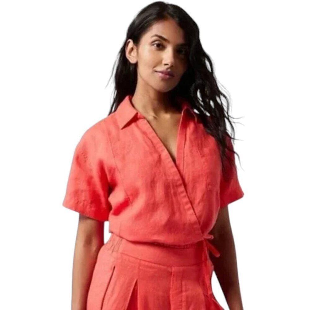 Athleta Playa Linen Short Sleeve Wrap Blouse Top Passionfruit Coral